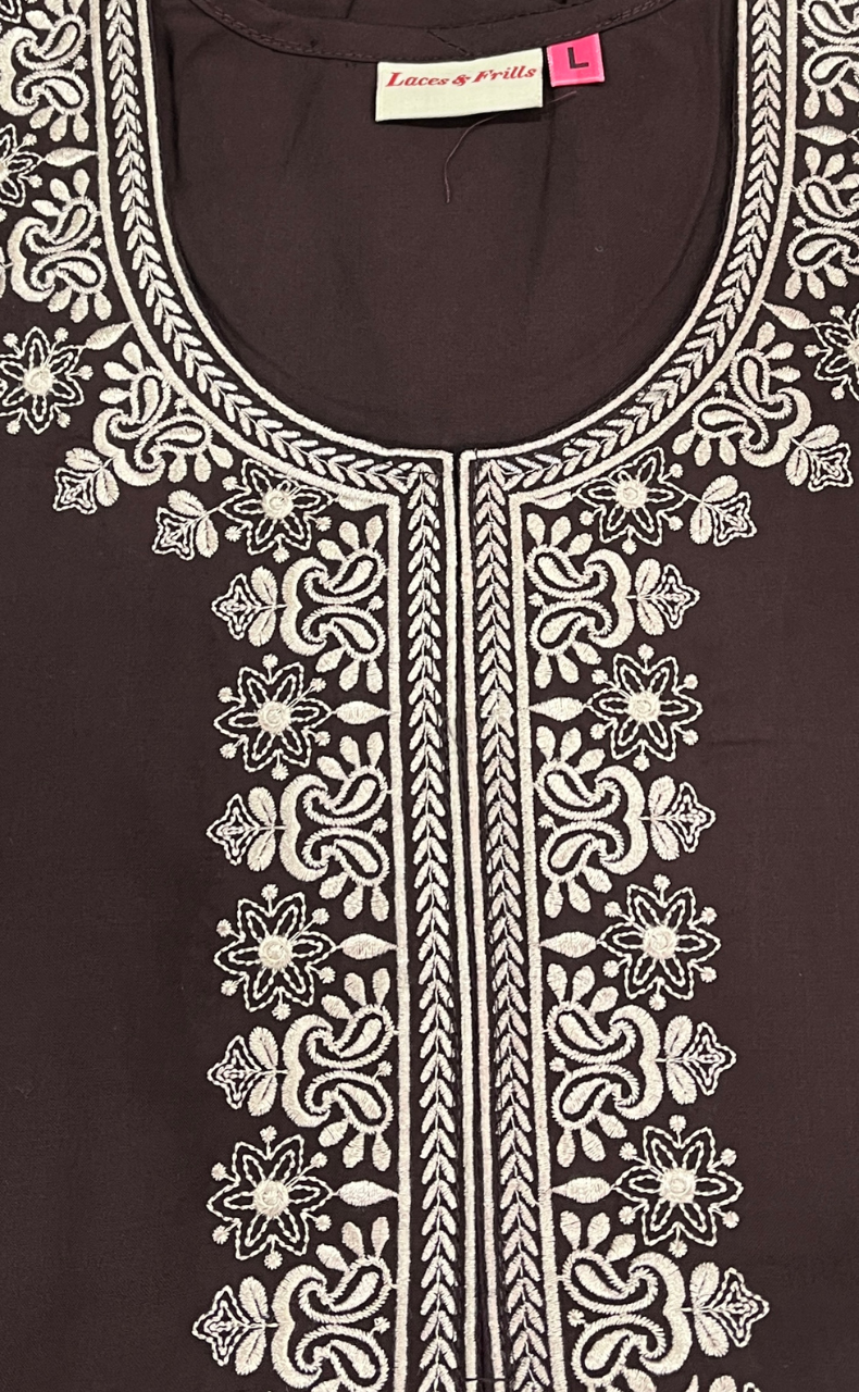 Dark Brown Embroidery Soft Cotton Nighty. Soft Breathable Fabric | Laces and Frills