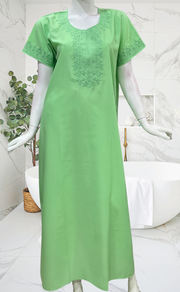 Apple Green Embroidery Soft Cotton Nighty. Soft Breathable Fabric | Laces and Frills