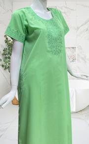 Apple Green Embroidery Soft Cotton Nighty. Soft Breathable Fabric | Laces and Frills