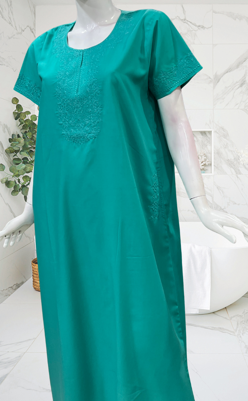 Sea Green Embroidery Soft Cotton Nighty. Soft Breathable Fabric | Laces and Frills