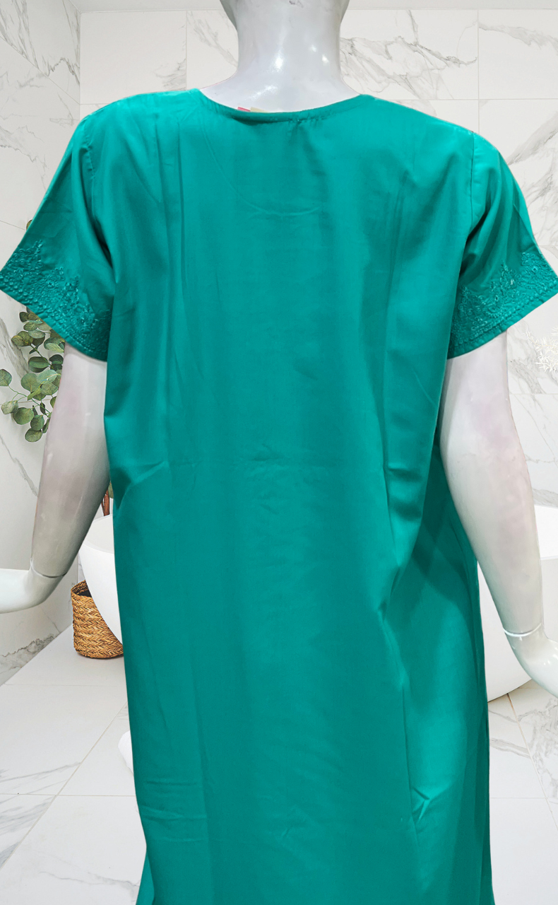 Sea Green Embroidery Soft Cotton Nighty. Soft Breathable Fabric | Laces and Frills
