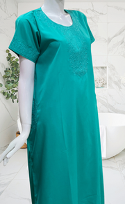Sea Green Embroidery Soft Cotton Nighty. Soft Breathable Fabric | Laces and Frills