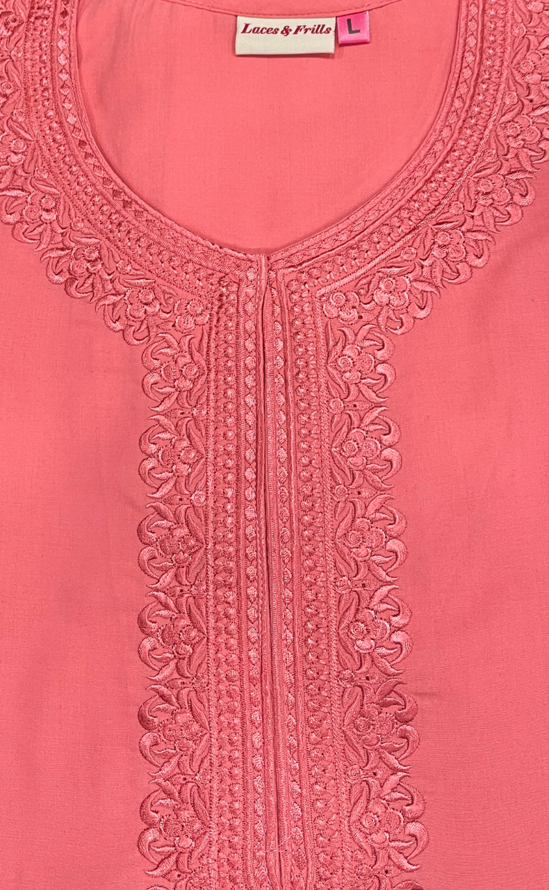Peach Embroidery Soft Cotton Nighty. Soft Breathable Fabric | Laces and Frills
