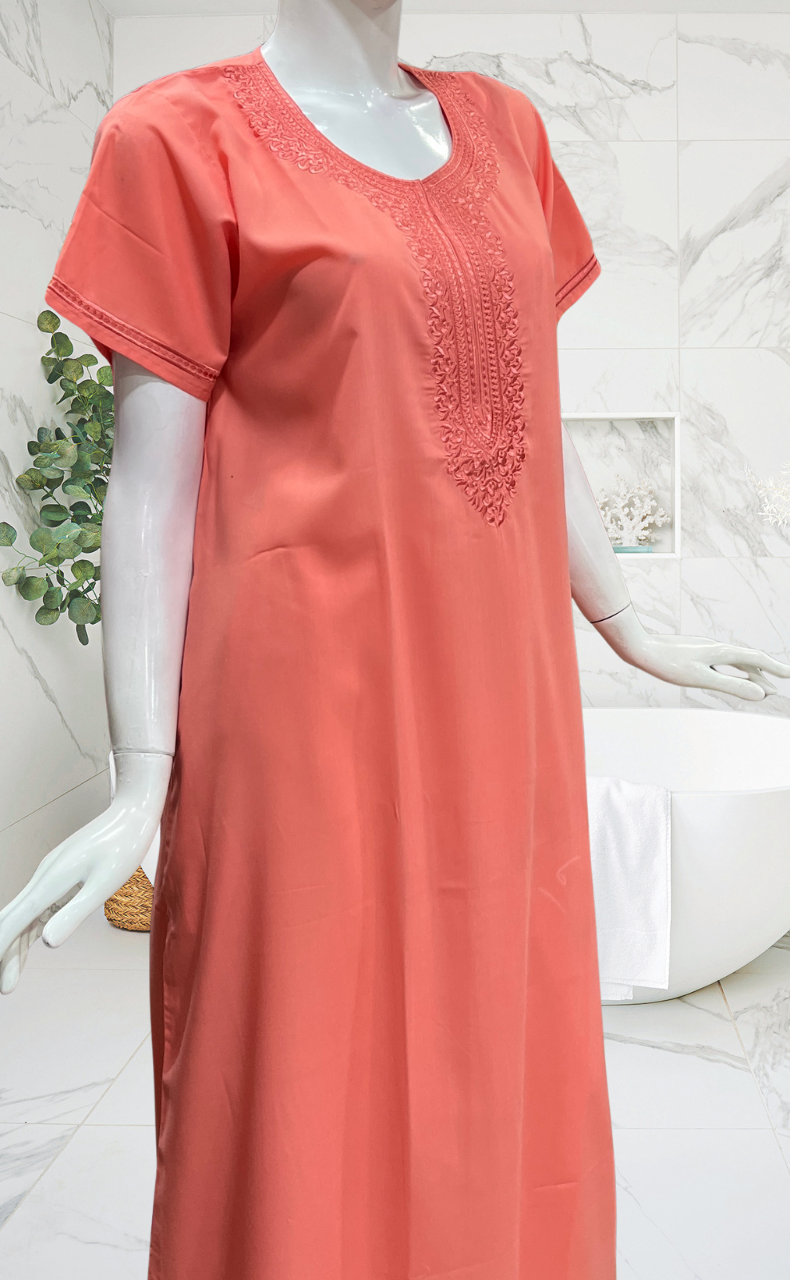 Peach Embroidery Soft Cotton Nighty. Soft Breathable Fabric | Laces and Frills