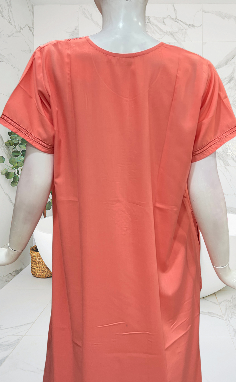Peach Embroidery Soft Cotton Nighty. Soft Breathable Fabric | Laces and Frills