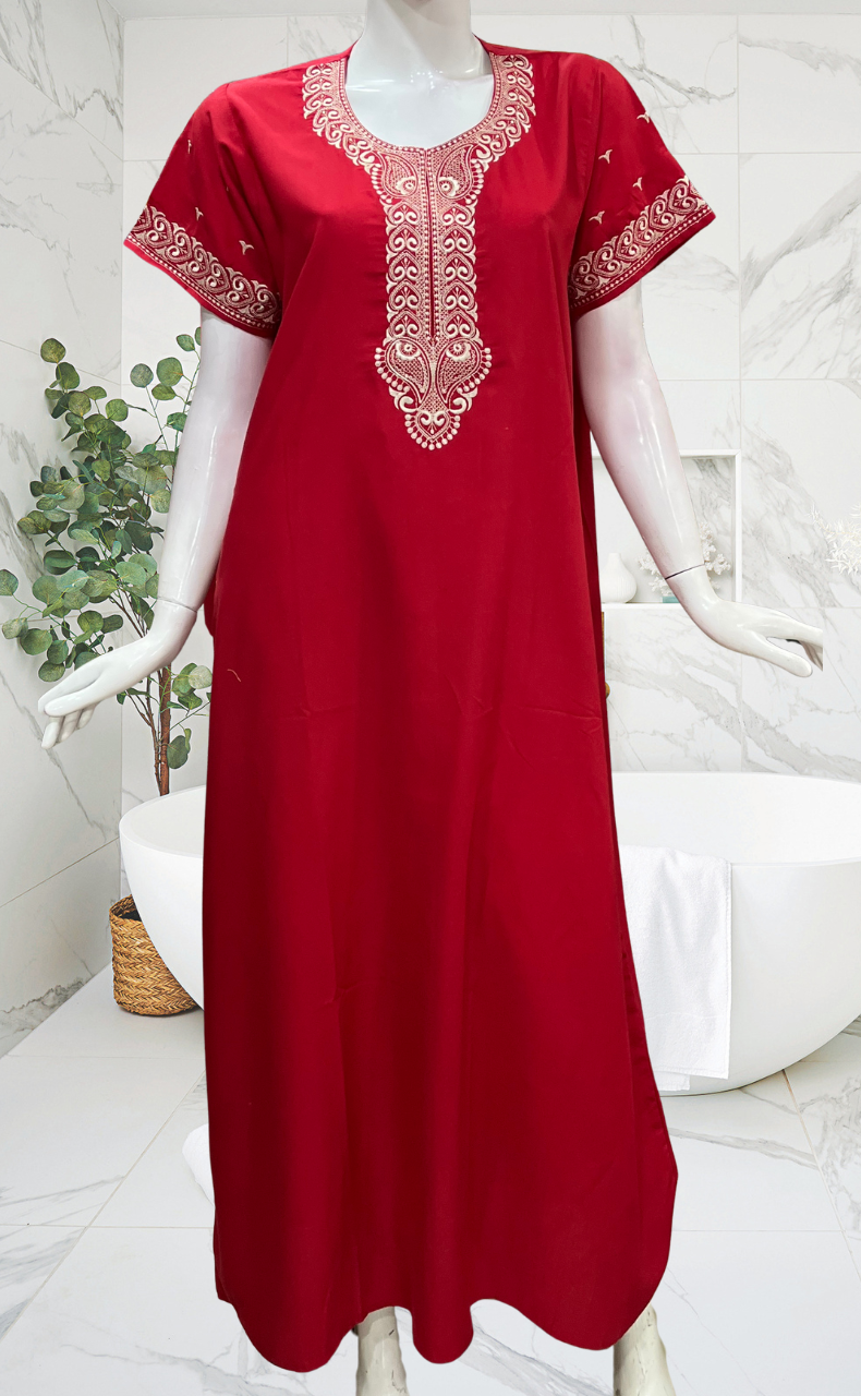 Red Embroidery Soft Cotton Nighty. Soft Breathable Fabric | Laces and Frills
