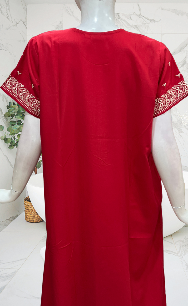 Red Embroidery Soft Cotton Nighty. Soft Breathable Fabric | Laces and Frills