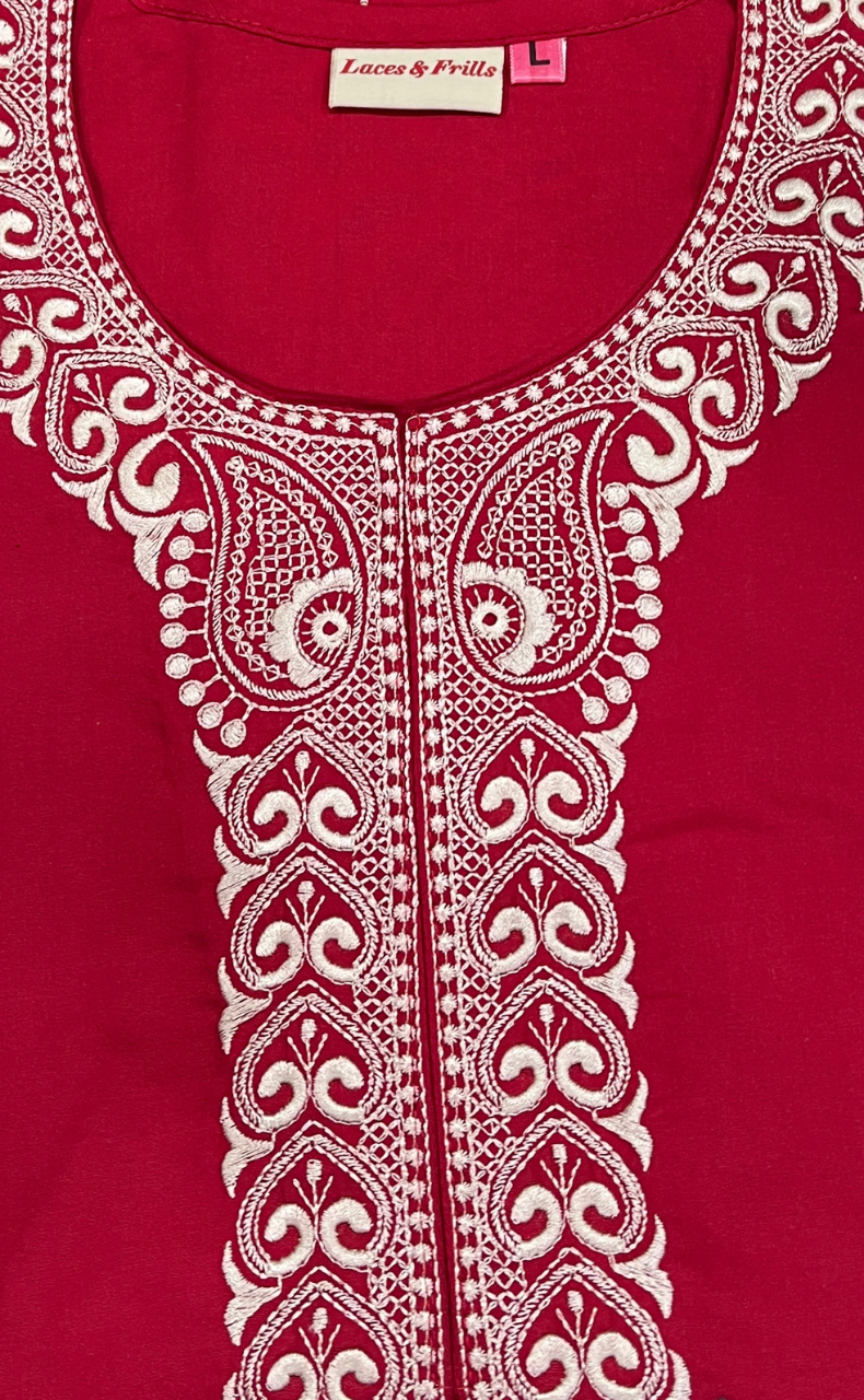 Red Embroidery Soft Cotton Nighty. Soft Breathable Fabric | Laces and Frills
