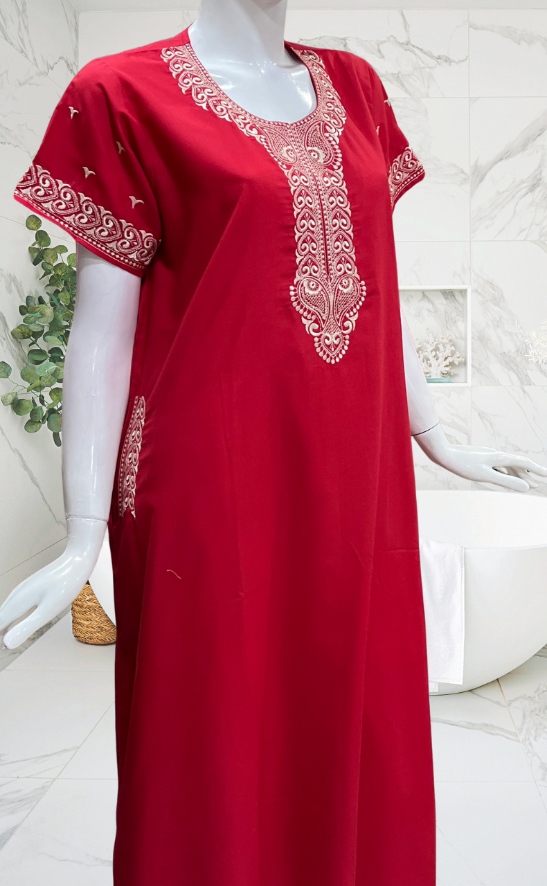 Red Embroidery Soft Cotton Nighty. Soft Breathable Fabric | Laces and Frills