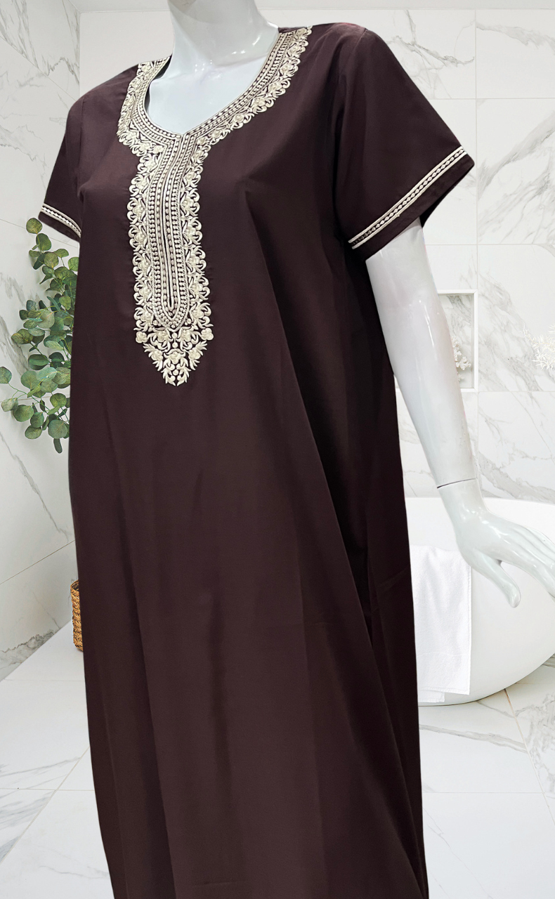 Brown Embroidery Soft Cotton Nighty. Soft Breathable Fabric | Laces and Frills