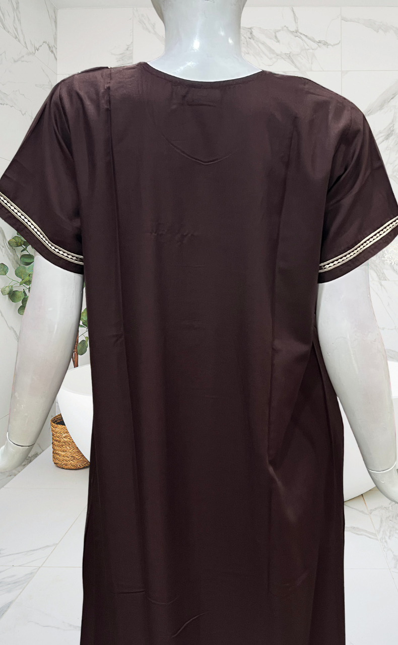 Brown Embroidery Soft Cotton Nighty. Soft Breathable Fabric | Laces and Frills