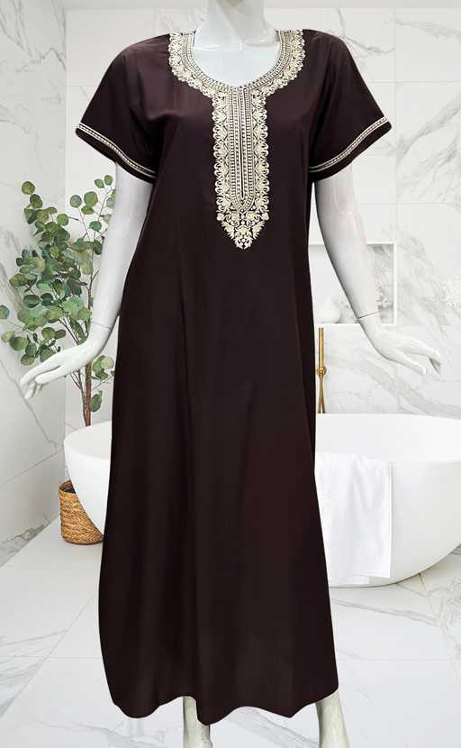 Brown Embroidery Soft Cotton Nighty. Soft Breathable Fabric | Laces and Frills