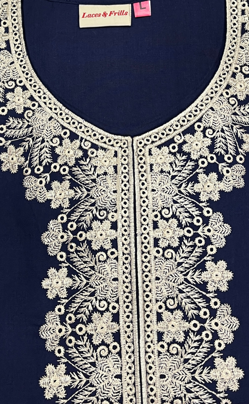 Navy Blue Embroidery Soft Cotton Nighty. Soft Breathable Fabric | Laces and Frills