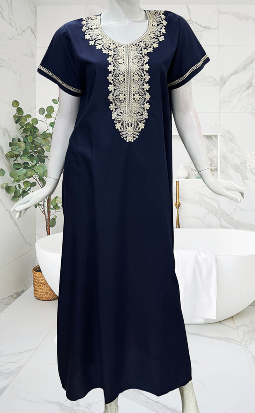 Navy Blue Embroidery Soft Cotton Nighty. Soft Breathable Fabric | Laces and Frills