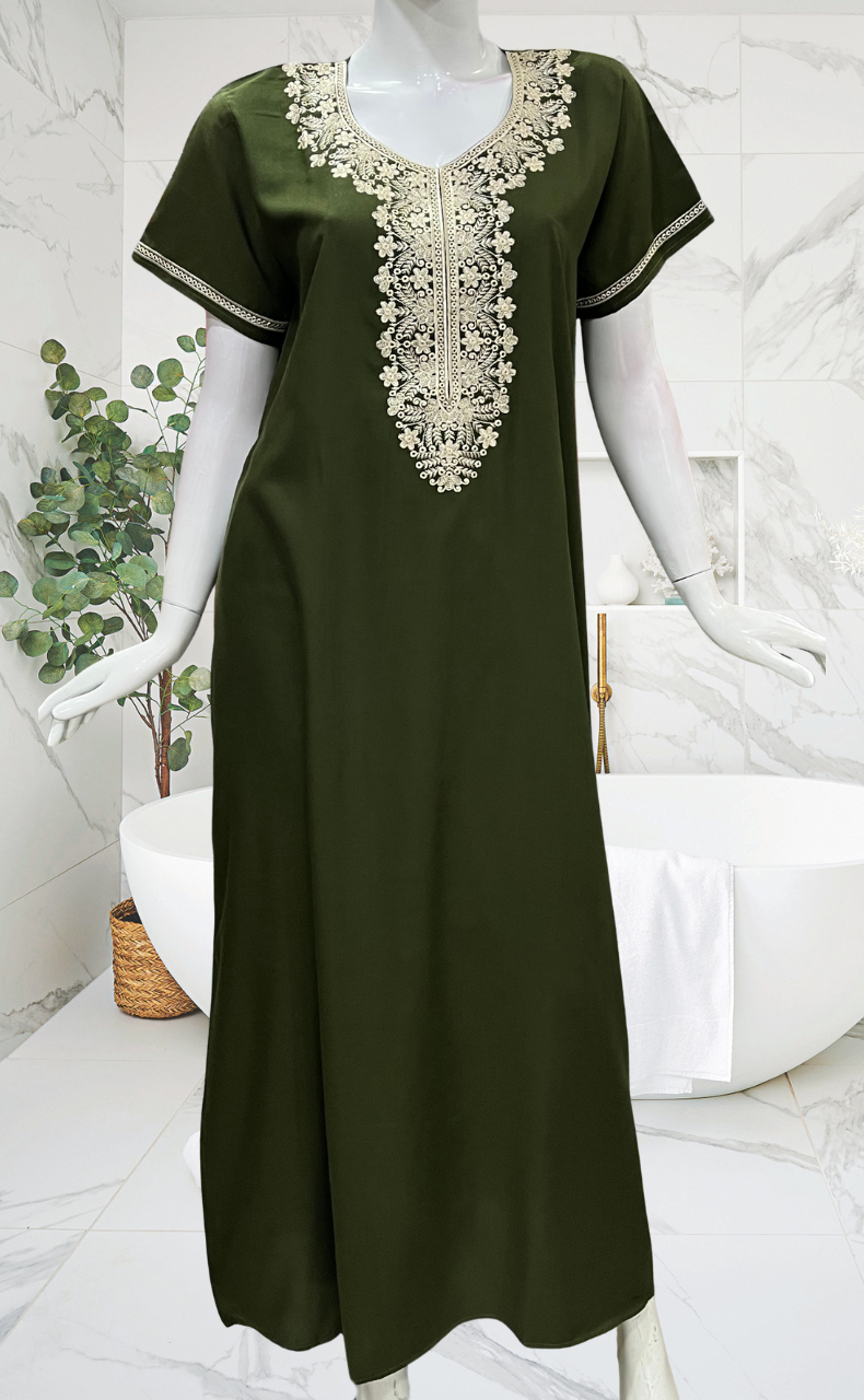 Olive Green Embroidery Soft Cotton Nighty. Soft Breathable Fabric | Laces and Frills