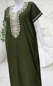 Olive Green Embroidery Soft Cotton Nighty. Soft Breathable Fabric | Laces and Frills