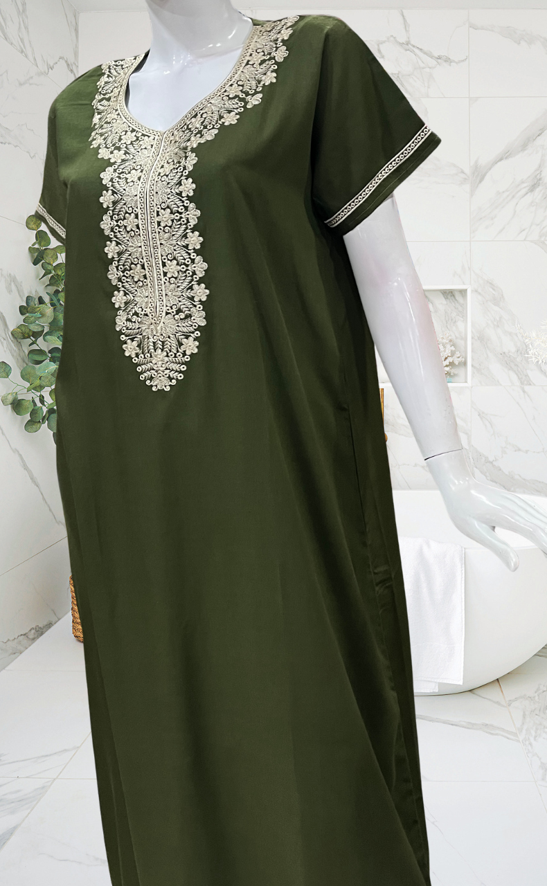 Olive Green Embroidery Soft Cotton Nighty. Soft Breathable Fabric | Laces and Frills