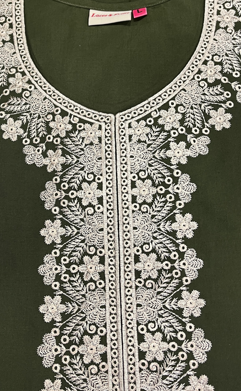 Olive Green Embroidery Soft Cotton Nighty. Soft Breathable Fabric | Laces and Frills