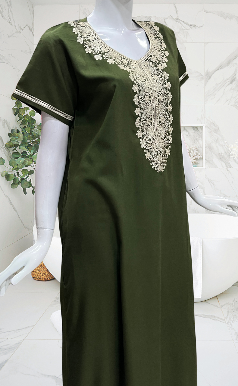 Olive Green Embroidery Soft Cotton Nighty. Soft Breathable Fabric | Laces and Frills