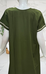 Olive Green Embroidery Soft Cotton Nighty. Soft Breathable Fabric | Laces and Frills