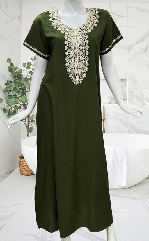 Olive Green Embroidery Soft Cotton Nighty. Soft Breathable Fabric | Laces and Frills
