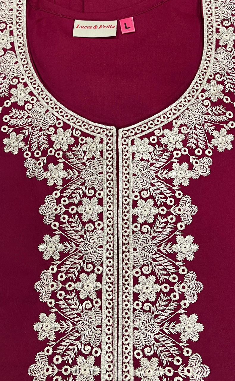 Maroon Embroidery Soft Cotton Nighty. Soft Breathable Fabric | Laces and Frills