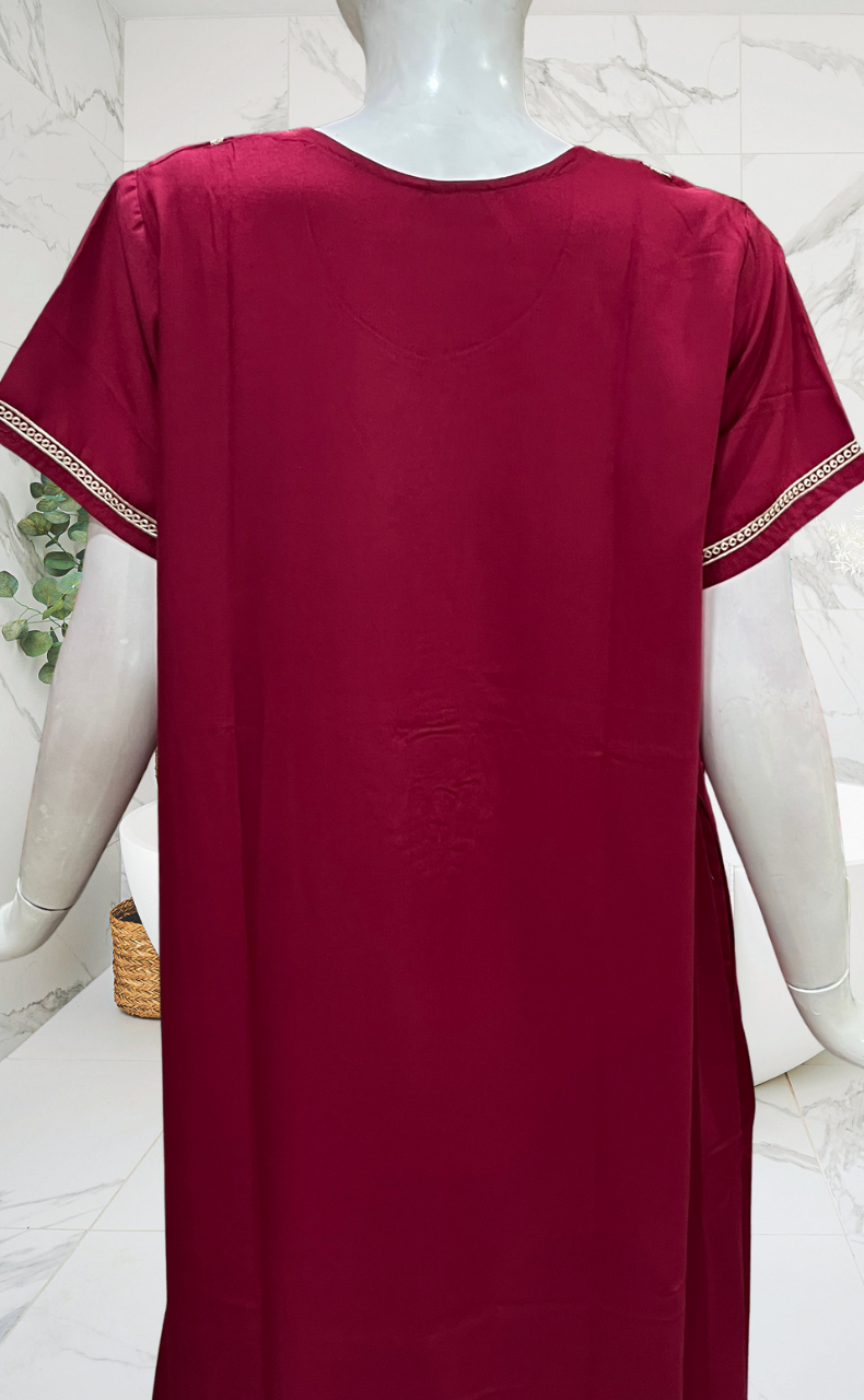 Maroon Embroidery Soft Cotton Nighty. Soft Breathable Fabric | Laces and Frills