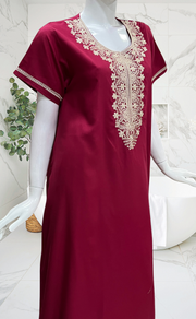 Maroon Embroidery Soft Cotton Nighty. Soft Breathable Fabric | Laces and Frills