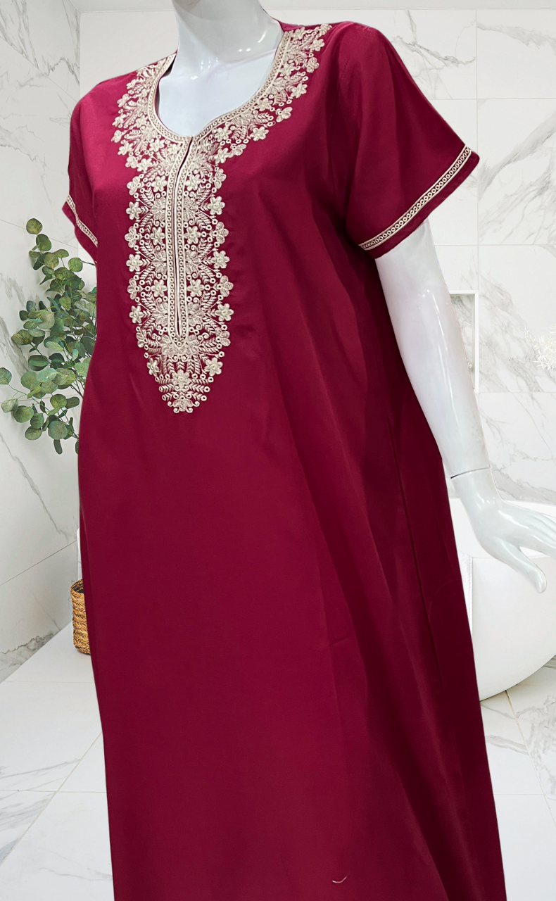 Maroon Embroidery Soft Cotton Nighty. Soft Breathable Fabric | Laces and Frills