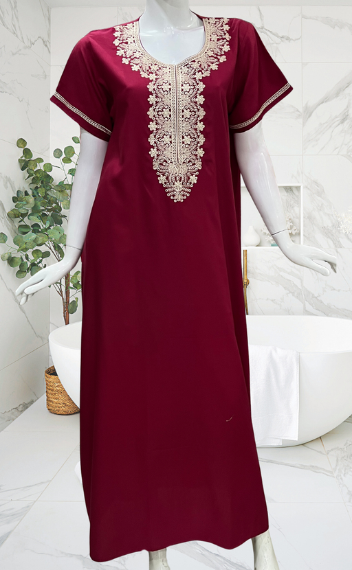 Maroon Embroidery Soft Cotton Nighty. Soft Breathable Fabric | Laces and Frills