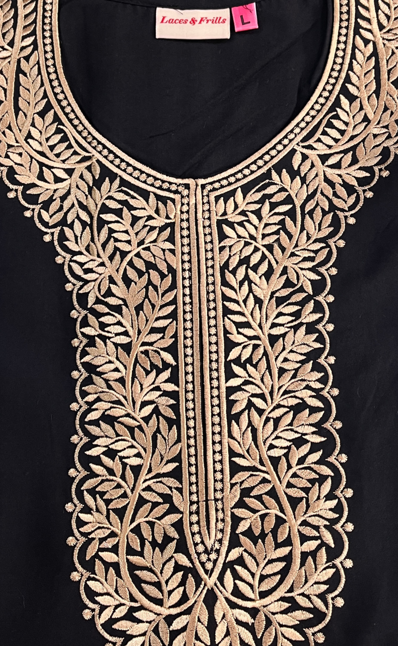 Black Embroidery Soft Cotton Nighty. Soft Breathable Fabric | Laces and Frills