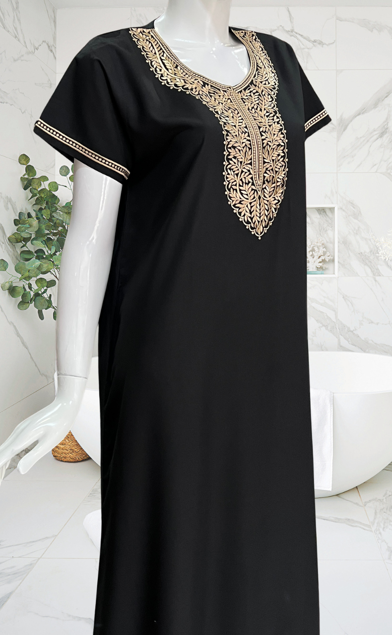 Black Embroidery Soft Cotton Nighty. Soft Breathable Fabric | Laces and Frills