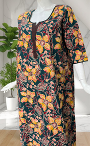 Teal Green Floral Pure Cotton Long Sleeve Nighty. Pure Durable Cotton | Laces and Frills