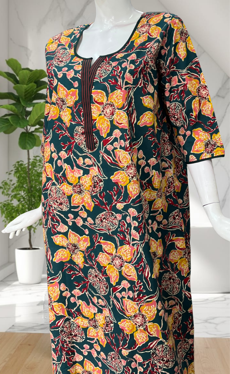 Teal Green Floral Pure Cotton Long Sleeve Nighty. Pure Durable Cotton | Laces and Frills