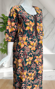 Teal Green Floral Pure Cotton Long Sleeve Nighty. Pure Durable Cotton | Laces and Frills