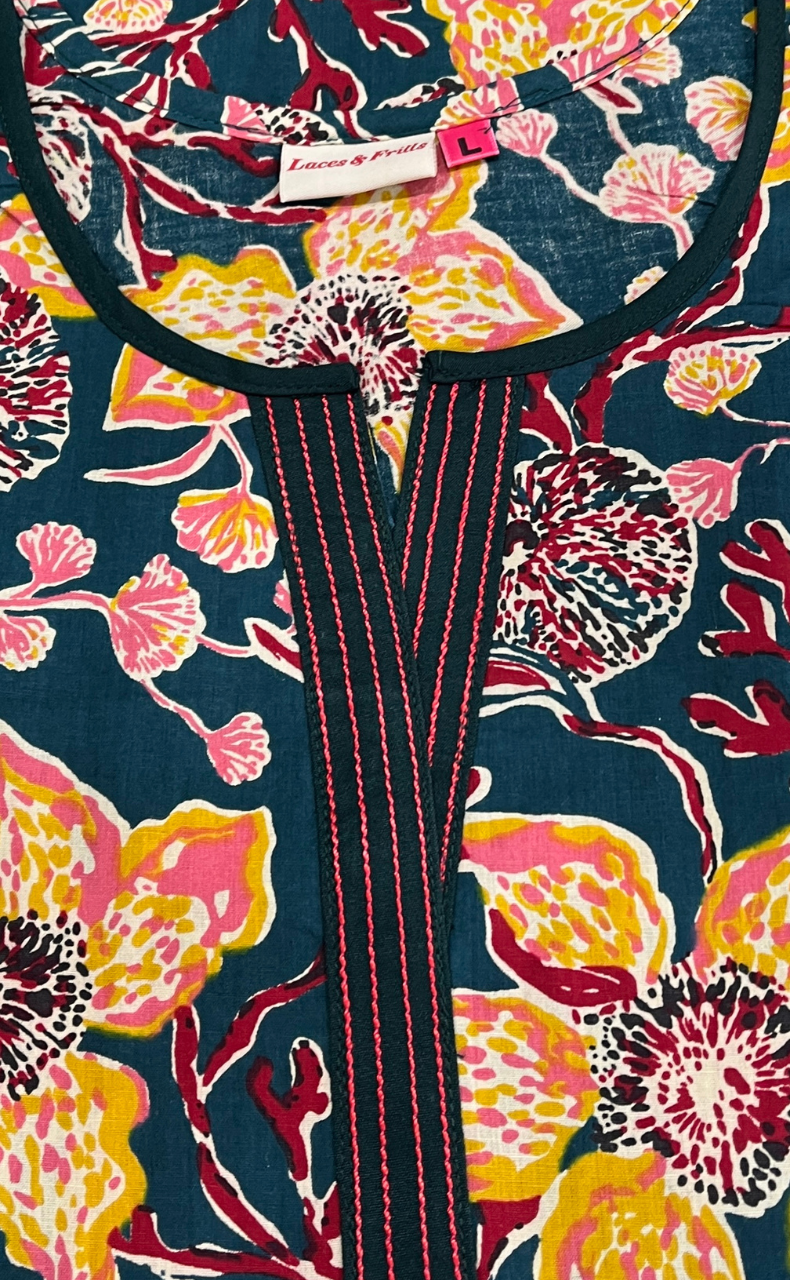 Teal Green Floral Pure Cotton Long Sleeve Nighty. Pure Durable Cotton | Laces and Frills