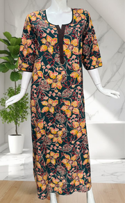 Teal Green Floral Pure Cotton Long Sleeve Nighty. Pure Durable Cotton | Laces and Frills