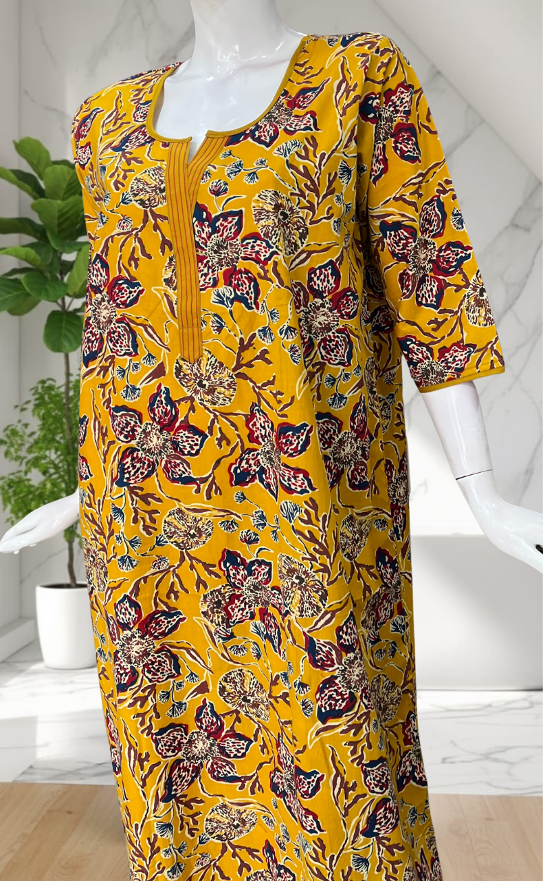Yellow Floral Pure Cotton Long Sleeve Nighty. Pure Durable Cotton | Laces and Frills