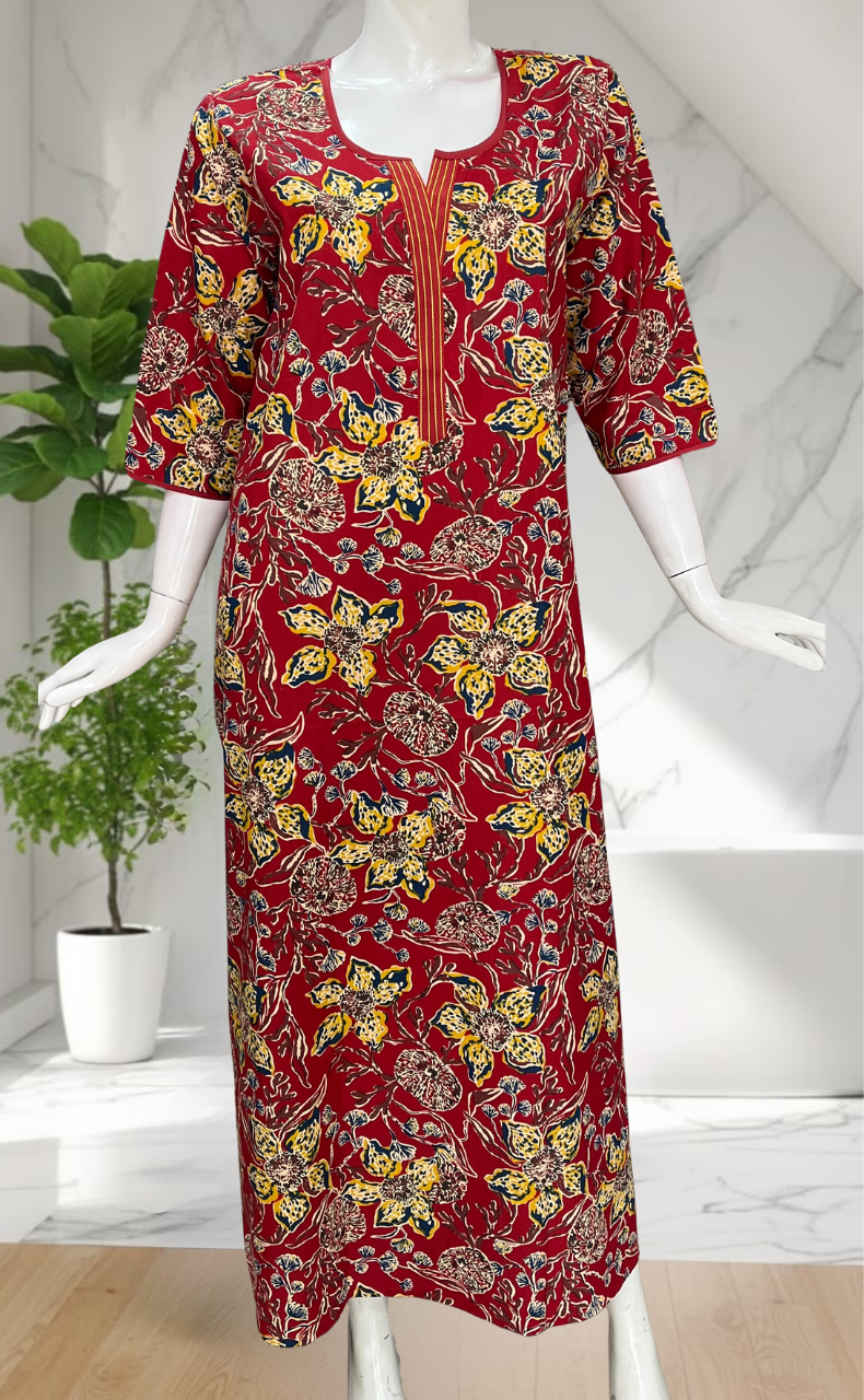 Red Floral Pure Cotton Long Sleeve Nighty. Pure Durable Cotton | Laces and Frills