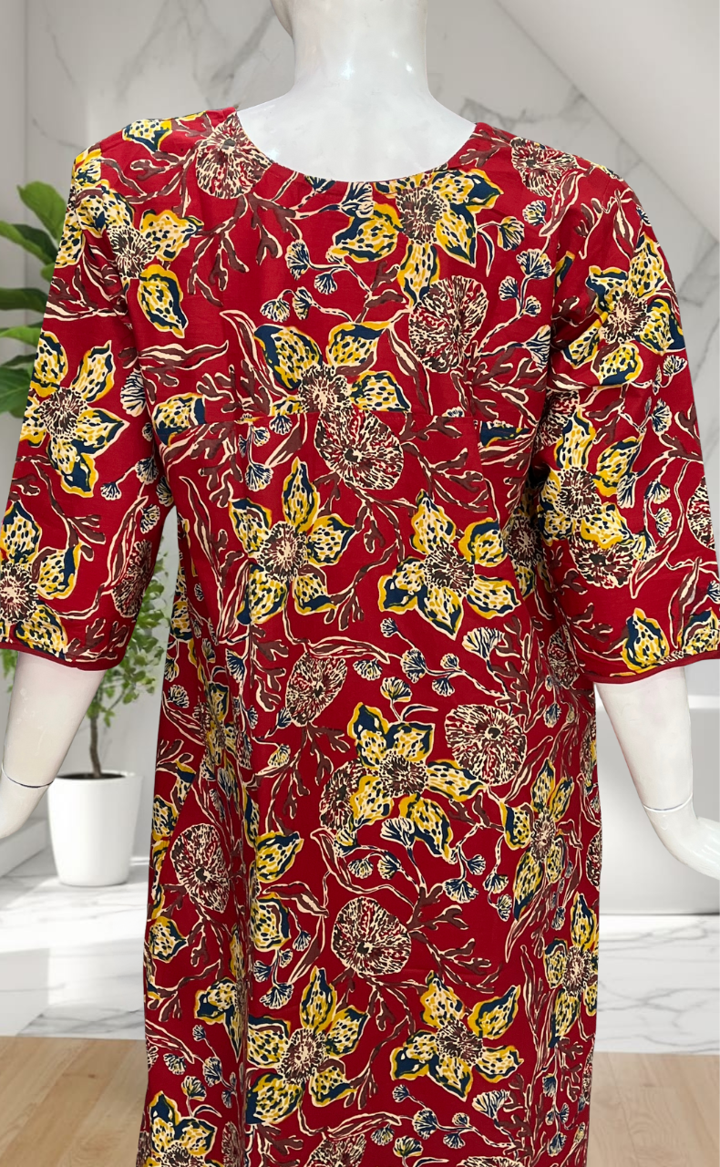 Red Floral Pure Cotton Long Sleeve Nighty. Pure Durable Cotton | Laces and Frills