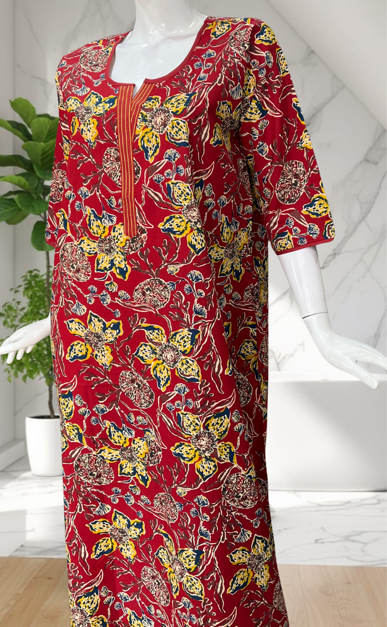 Red Floral Pure Cotton Long Sleeve Nighty. Pure Durable Cotton | Laces and Frills