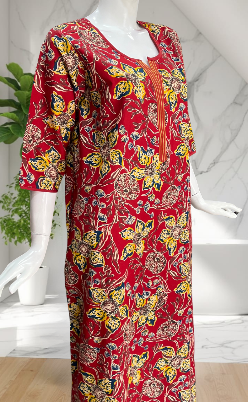 Red Floral Pure Cotton Long Sleeve Nighty. Pure Durable Cotton | Laces and Frills
