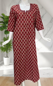 Maroon Leafy Pure Cotton Long Sleeve Nighty. Pure Durable Cotton | Laces and Frills