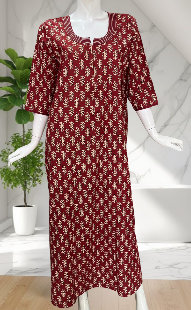 Maroon Leafy Pure Cotton Long Sleeve Nighty. Pure Durable Cotton | Laces and Frills