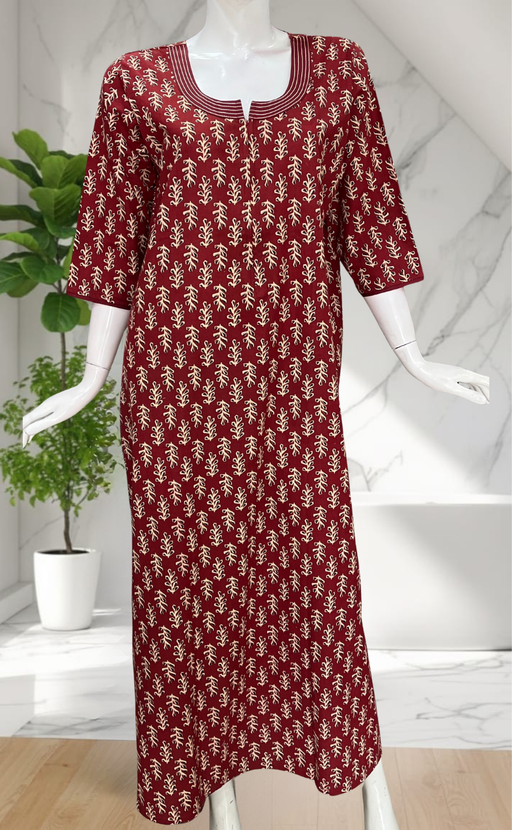 Maroon Leafy Pure Cotton Long Sleeve Nighty. Pure Durable Cotton | Laces and Frills