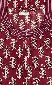 Maroon Leafy Pure Cotton Long Sleeve Nighty. Pure Durable Cotton | Laces and Frills