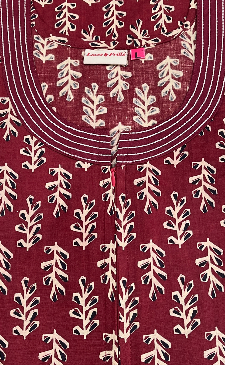 Maroon Leafy Pure Cotton Long Sleeve Nighty. Pure Durable Cotton | Laces and Frills