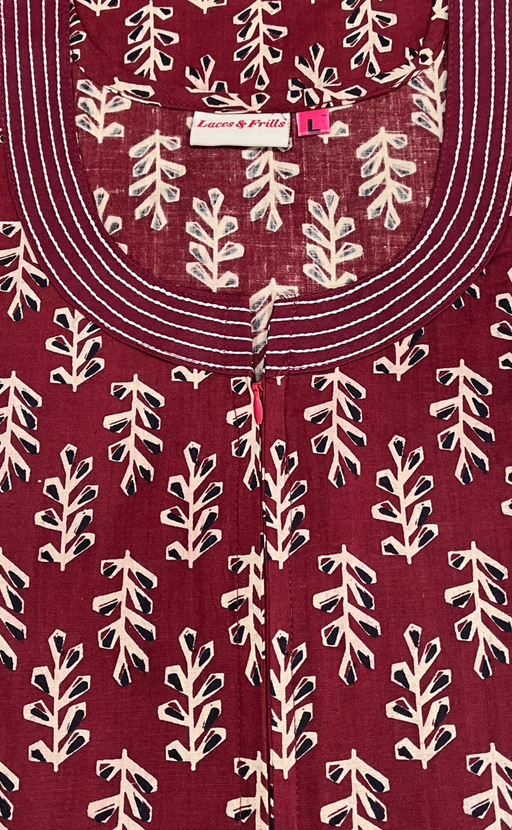 Maroon Leafy Pure Cotton Long Sleeve Nighty. Pure Durable Cotton | Laces and Frills