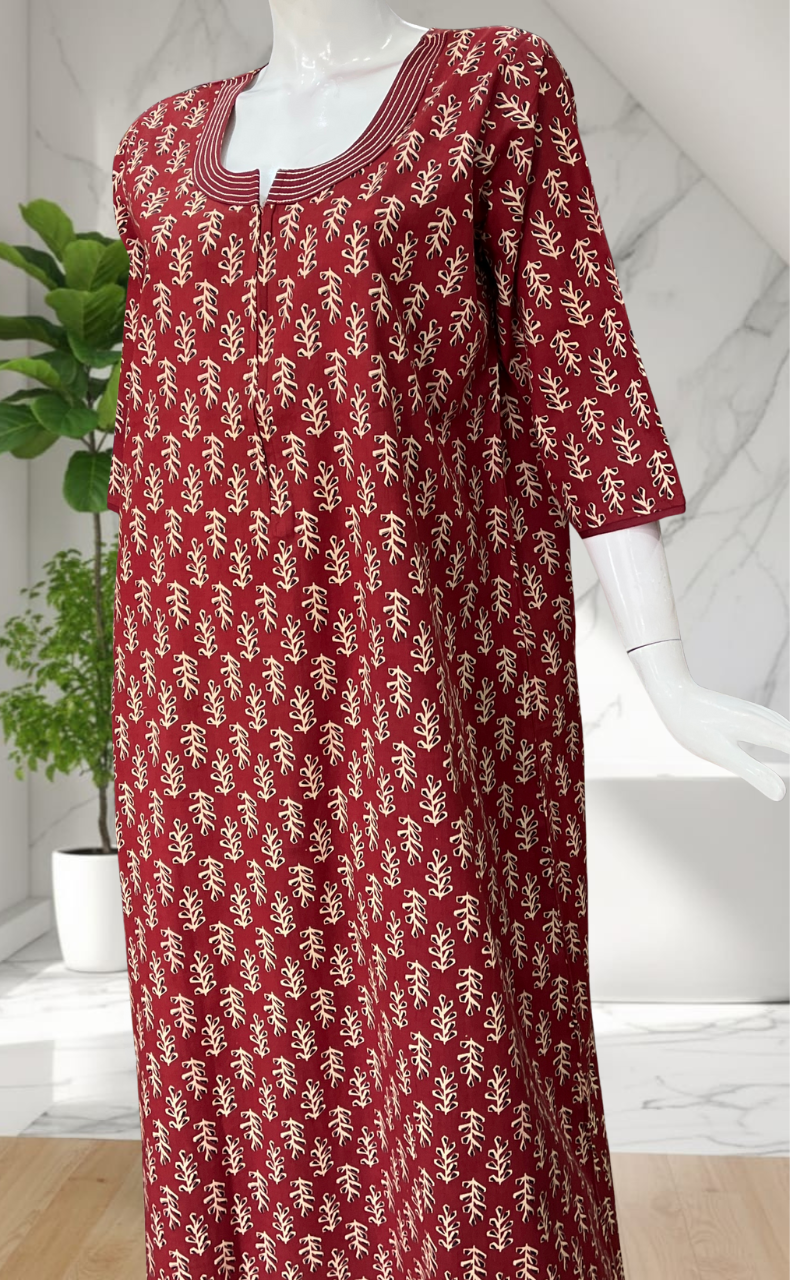 Maroon Leafy Pure Cotton Long Sleeve Nighty. Pure Durable Cotton | Laces and Frills