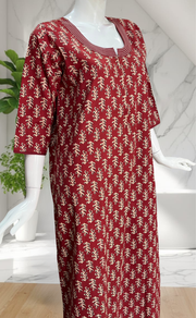 Maroon Leafy Pure Cotton Long Sleeve Nighty. Pure Durable Cotton | Laces and Frills